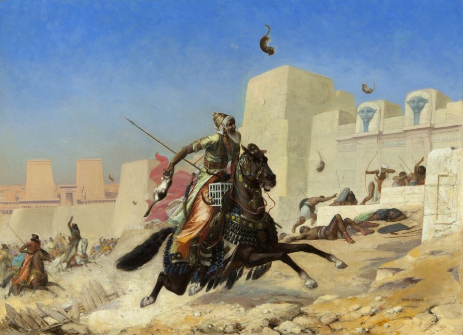 History1060's tweet photo. كيف احتل الفرس مصر القديمة؟

ربطوا قطط بتروسهم، فخاف جنود الفراعنة من مهاجمتهم، لأن القطط مقدسة لديهم، حتى انهم كانوا يعبدون آلهة وثنية اسمها بسة (قطه).

قبل حملته قام قمبيز الثاني بالاستئذان بشكل رسمي من ملك العرب للعبور من اراضيهم، فوافق لسوء العلاقة مع الفرعون عماسيس الثاني.

وفقاً لأبو التاريخ هيرودوتوس