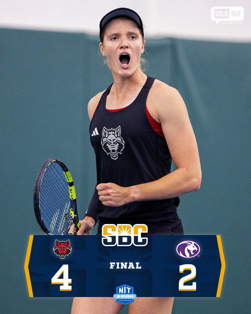 SunBelt's tweet photo. 𝗥𝗘𝗗 𝗪𝗢𝗟𝗩𝗘𝗦 𝗥𝗘𝗜𝗚𝗡.

@AStateTennis captures the 2026 @UTR_Sports_ NIT Championship Crown in the Red Wolves first postseason appearance. #SunBeltWTEN ☀️🎾 https://t.co/F8OOZaK2tT