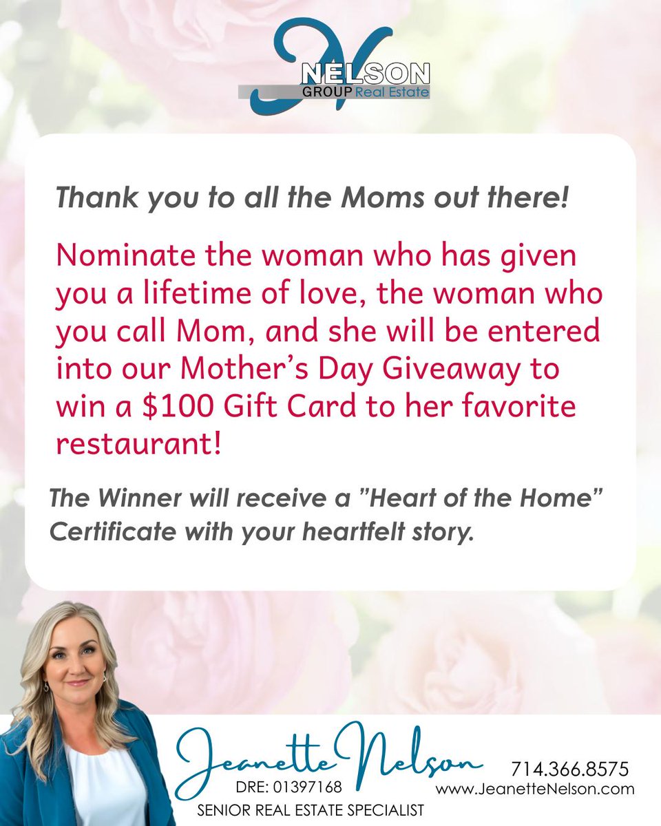 JeanetteENelson's tweet photo. Celebrate the heart of your home this Mother’s Day by nominating her for a chance to win a $100 gift card to her favorite restaurant and a personalized Heart of the Home Certificate. Submit your story by Sunday, May 10th. Enter now at https://t.co/SV0yyJUDLS https://t.co/nEDzzlrCFM