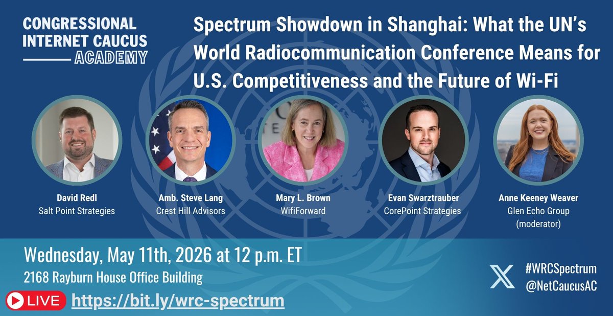 NetCaucusAC's tweet photo. Lunch! The UN's @ITU World Radiocommunication Conference is coming and could shape the future of Wi-Fi, wireless competition, and U.S. tech leadership. Featuring former senior U.S. telecom and spectrum officials.
📅 Mon. May 11
⏰12 pm
📍 Rayburn HOB
📺 https://t.co/ll2ZqrQaj2 https://t.co/iLEkwoOrGU