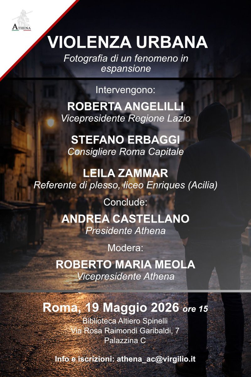 RobertoMMeola's tweet photo. Violenza urbana, disagio giovanile, sicurezza e territorio.  Temi troppo seri per essere affrontati solo dopo i fatti di cronaca. Il 19 maggio ne parleremo in Regione Lazio. 
📍 Biblioteca Altiero Spinelli – Roma
🗓 19 maggio 2026 ore 15
📩 Prenotazione: athena_ac@virgilio.it https://t.co/OA2Na8TP2d