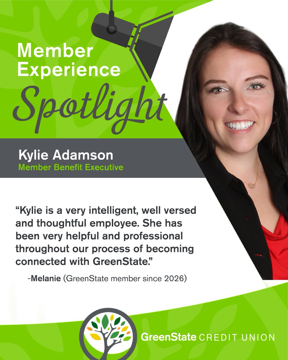 GreenStateCU's tweet photo. Our Member Experience Spotlight this week is Kylie Adamson, Member Benefit Executive. To connect with Kylie, visit https://t.co/01vuG9IWzn https://t.co/KlOkS8eUhQ