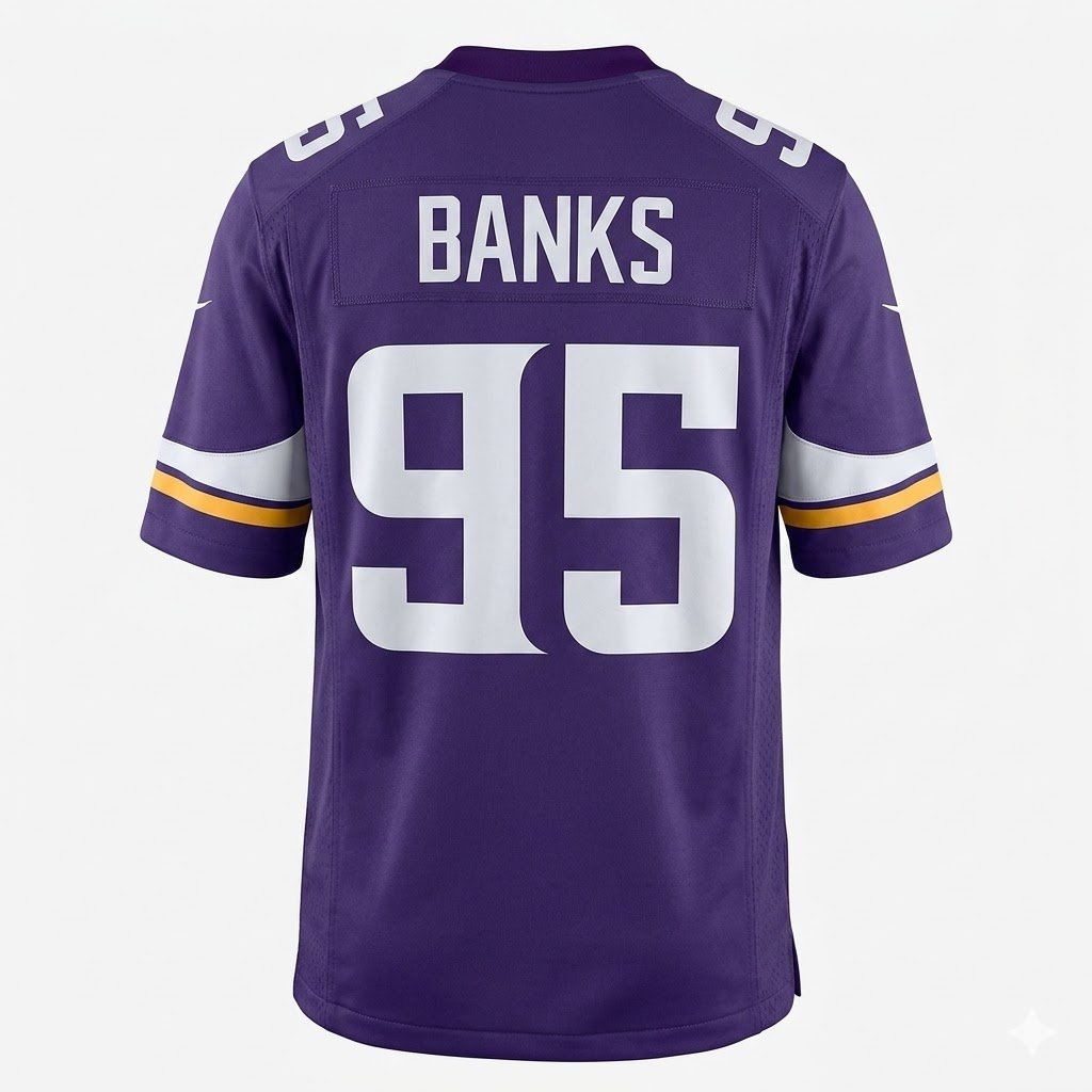 mediumjon's tweet photo. @LindseyMNSports This image was AI generated.

Prompt: Create a studio-lit, football jersey mockup for the Minnesota Vikings. The jersey should only show the back, contain the number 95, and have the name above the number read "Banks". https://t.co/WjWpywavEv