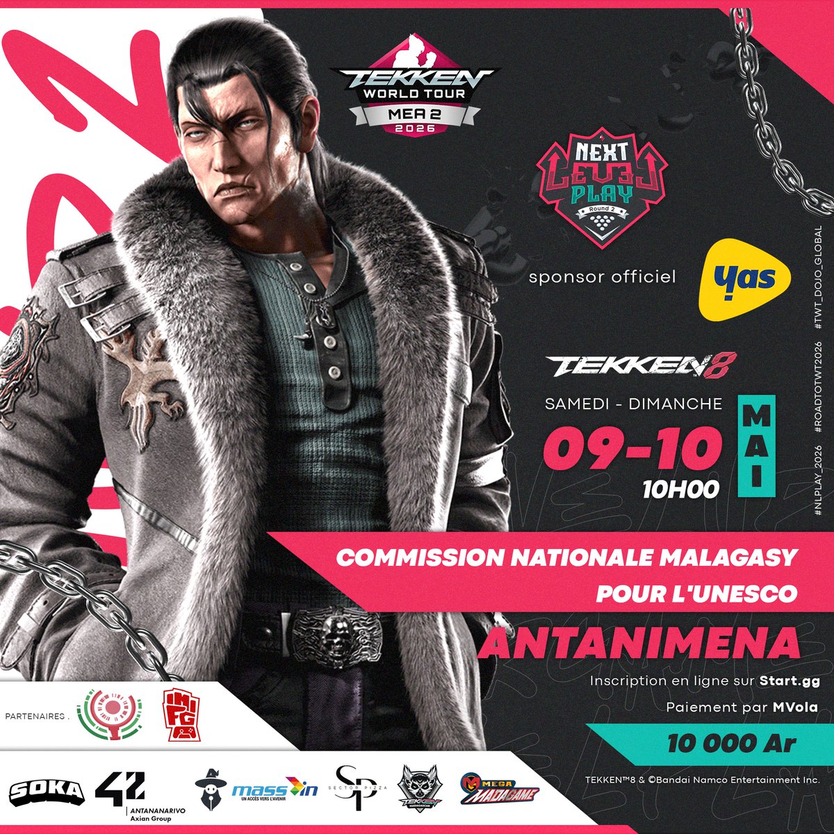 TekkenMadagasc1's tweet photo. Get Ready for Next Level Play - Round 2! 🎮
We have 100+ players ready to battle this weekend 🇲🇬

📺 Watch the action LIVE here (Sat-Sun):
https://t.co/wNfQyeXIu6

▶️ Brackets &amp; Details:
https://t.co/pReQio7aLq

Don't miss the hype! ⚡
#Tekken8 #NextLevelPlay2026 https://t.co/qMqh2v5myH