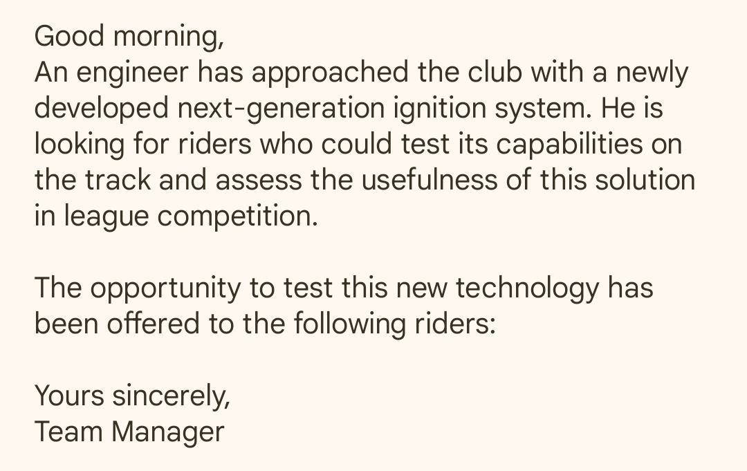 SpeedwayClubMan's tweet photo. 🇬🇧 At the pre-season camp, pay attention to what is happening. Once every two days you will get an Event requiring your decision. Often it will be a choice that will help one rider, but hurt another one.

English text of the sample event below 👇🏻 https://t.co/MBTSlme0EB
