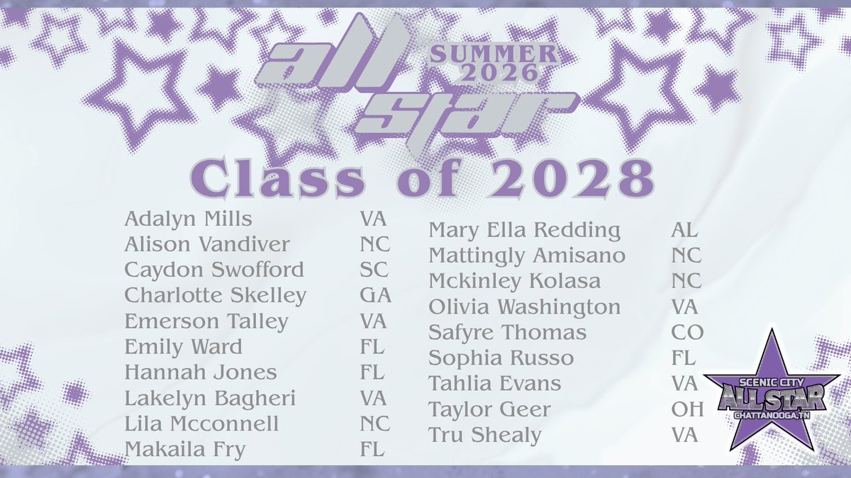 ConnectSports_'s tweet photo. Join us in welcoming the latest and greatest of the 2028 Class to the 2026 Scenic City All Stars.💜 Ladies, we can guarantee that this will be anything and everything you wished for. 💫See you on June 17th in Chatt. 🥎 #TheUltimateFastpitchExperience #ConnectSportsEvents

@Adalynmills_31 @avandiver2028 @cswoff2 @Char_Skelley_18 @EmersonC_Talley @emilyward_2028 @hannahjones2028 @LBagheri9 @Lila_McC33 @makailafry2028 @merla_softball @mattingly_2028 @McKinley_Kolasa @olivia_leigh2 @Safyre_Thomas @SophiaRusso2028 @TahliaEvans2028 @taylorgeer55 @Trulynn24

@UnityMelton @teamncpc @FuryPremier2028 @hornetstalley @18UWarriors @ectodd69606 @18uCanes_Evans @teamncpc @goldpremierreed @ALBolts2028 @tampamustangsNC @teamncpc @hornetstalley @16uJoiner @SFLIntensityKOD @hornetstalley