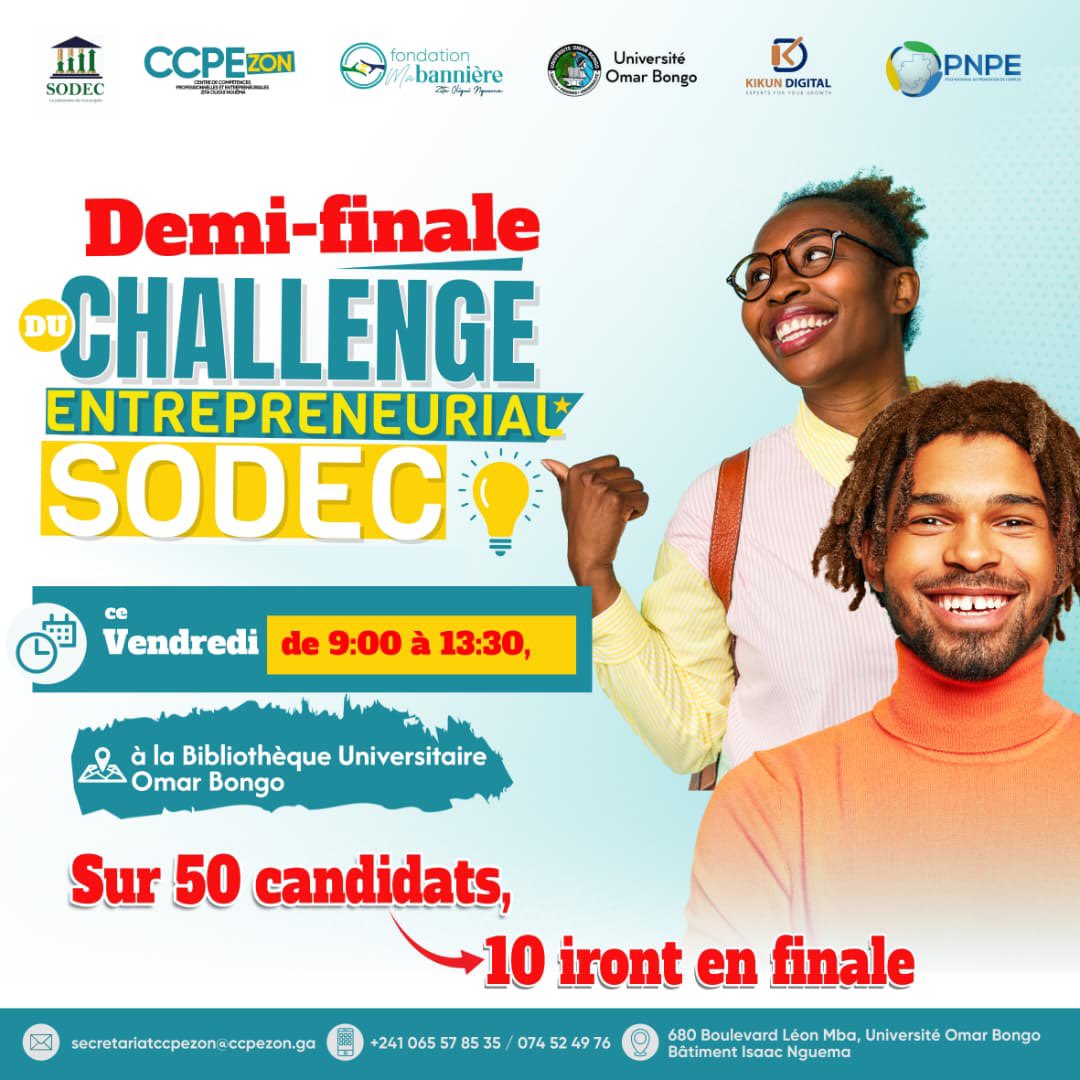 patrickmeyo1's tweet photo. PREMIÈRE HISTORIQUE à l'UOB.  La demi-finale du Challenge Entrepreneurial UOB Campus Innov 2026 aura lieu DEMAIN en journée à partir de 9h00 à la Bibliothèque de l'Université Omar Bongo. découvrez les talents des étudiants et les 10 premières startups incubées par le @CcpeZon. https://t.co/YSE9MWlTS1