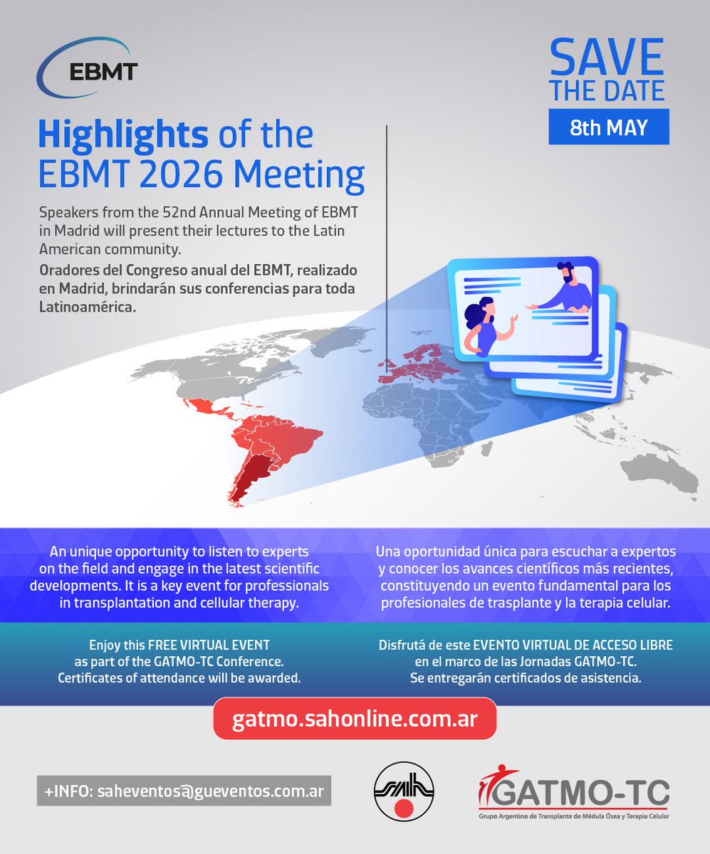 SAHematologia's tweet photo. ¡Falta solo 1 día! ⏳🇦🇷
Mañana 8/5 (08h) inician las Jornadas @Gatmo_TC & Highlights @TheEBMT 2026.
📍 Presencial: Sede @sahemato
💻 Virtual: https://t.co/MHDxnwMSLK
Inscripciones: sah@sah.org.ar 📩
#Hematología #EBMT2026 #GATMO #LABMT https://t.co/Tka5R5UhZH