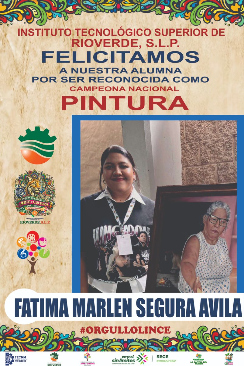 tecnmrioverde's tweet photo. 🎨🏆 ¡TecNM Rioverde, campeón en pintura en el ENAC 2026 logrando un contundente 3 de 3 en la disciplina de Pintura dentro del Encuentro Nacional de Arte y Cultura.
#TecNMRioverde #TecNM #TodosSomosTecNM #TecNMRioverdeSinLímites #RicardoGallardo #ENACTecNMRioverde2026  @RGC_Mx https://t.co/K9zeDLuYrz