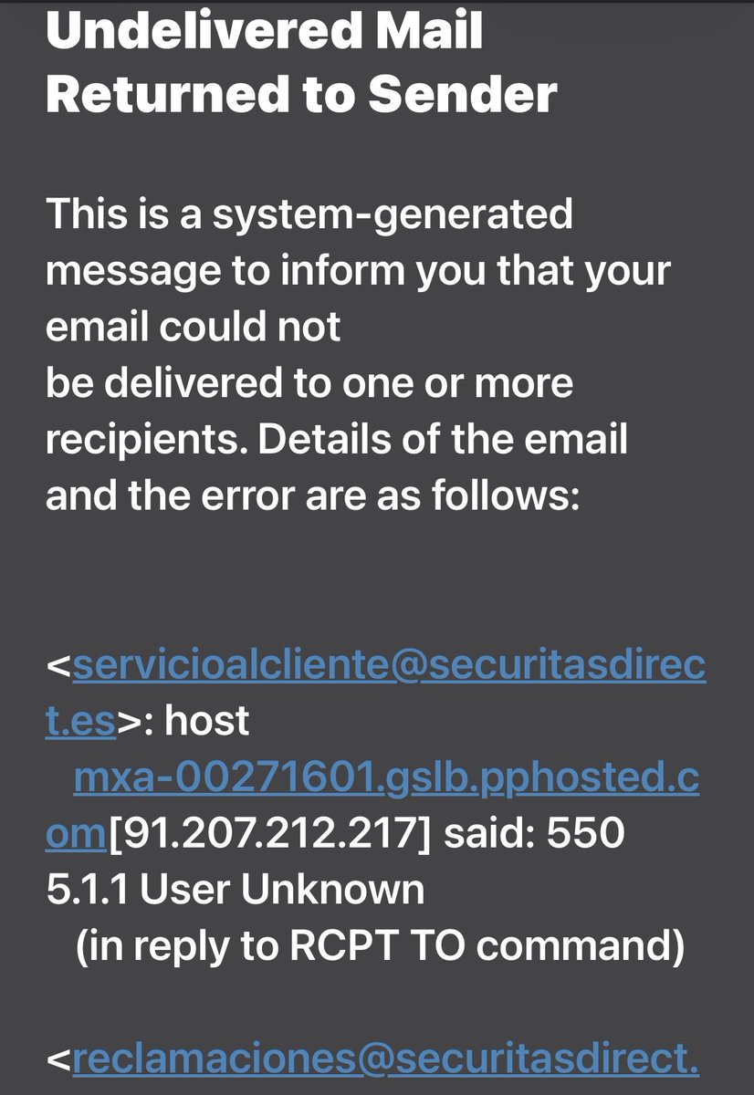 Min011Roberto's tweet photo. @verisure_esp @securitasdirect HACE 4 DÍAS que BLOQUEA SUS CANALES DE COMUNICACIÓN (Error 550): atencionacliente@, reclamaciones@ y FAXES 971097576, 915127115 y 915127127 para impedir la reclamación de mi contrato. Exijo respuesta por escrito. #denuncia #securitas  #reclamacion. https://t.co/4IBDSjMOeo