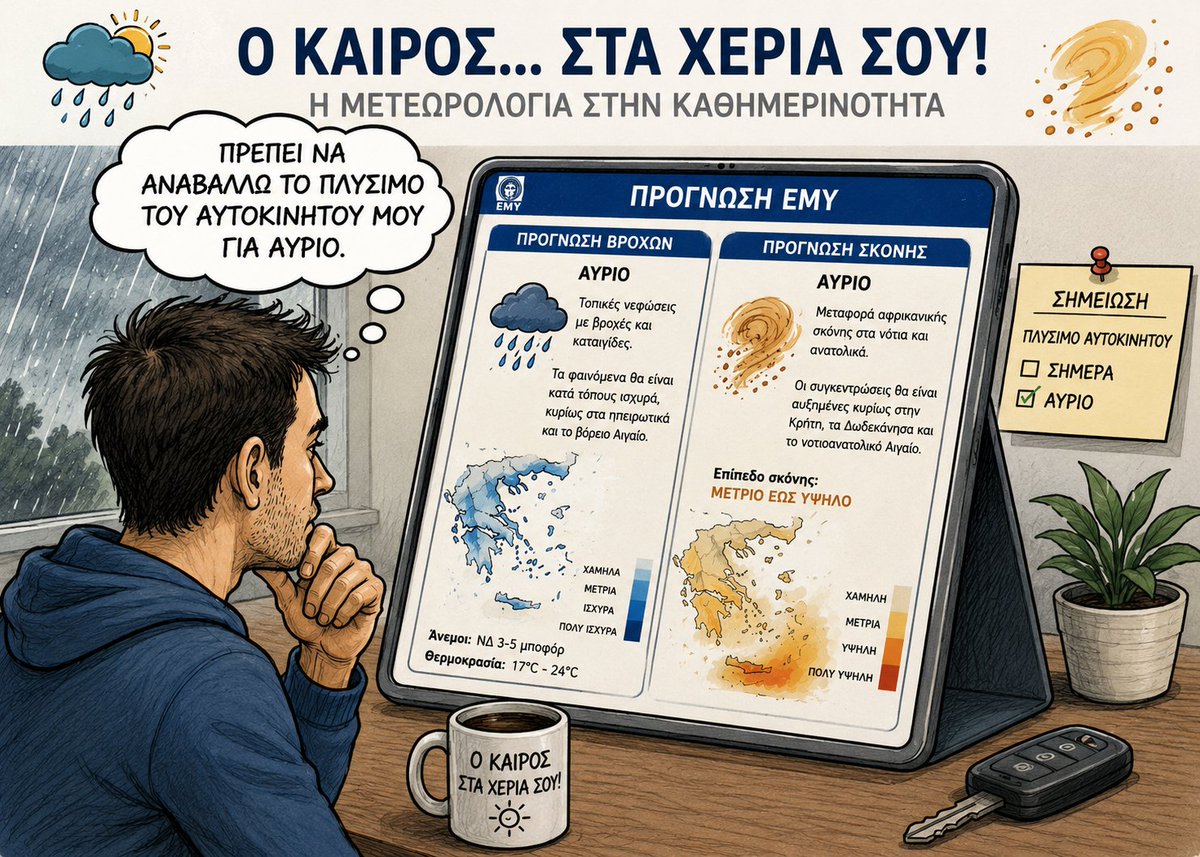 KolydasT's tweet photo. Να πλύνω το αυτοκίνητο ή να περιμένω; Η Μετεωρολογία δίνει την απάντηση! #EMY #λασποβροχές #σκόνη https://t.co/1JgyvqW54A