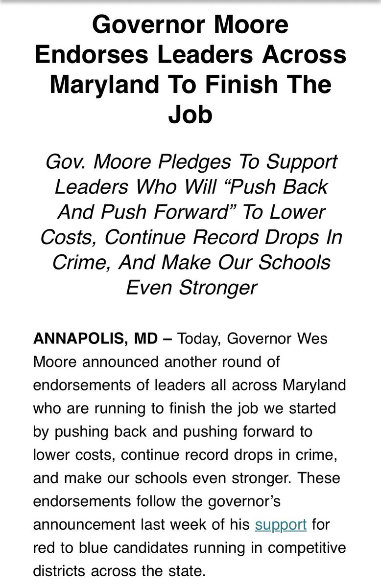 WJFjabariwill's tweet photo. INBOX: @GovWesMoore releases endorsements. A few names missing inc. Sen. President Bill Ferguson (D-Baltimore City in District 46), and Del. Aletheia McCaskill (D-Baltimore County in District 44B). No endorsement noted in 5th Cong. district race to replace @RepStenyHoyer https://t.co/QeaElNjYcs