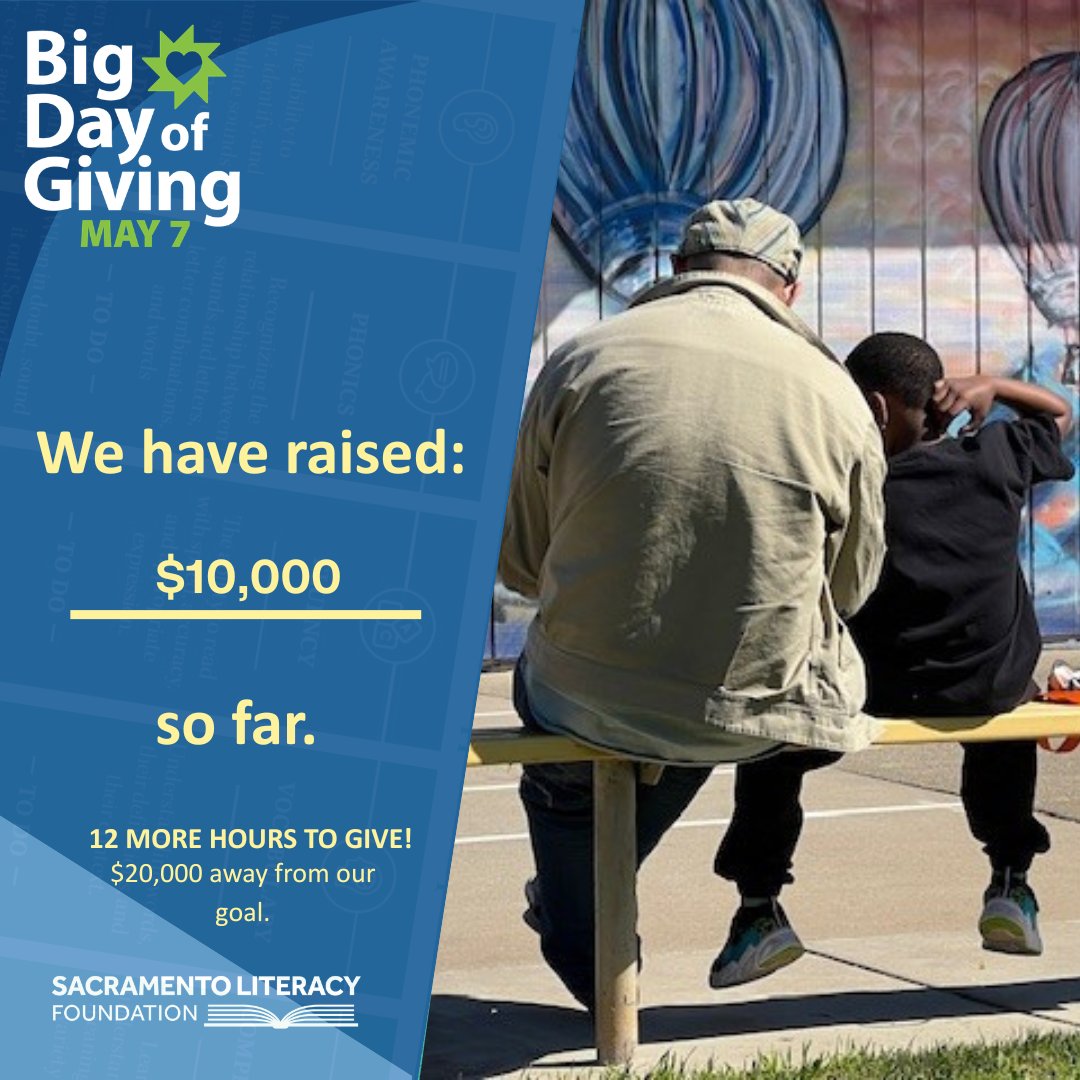 SacLiteracy's tweet photo. It is 12 noon and we have raised $10,000 for Children's Literacy. Together, lets get ALL kids reading! Visit our link: https://t.co/qp0SIfrYF0 https://t.co/kRxnMT4895