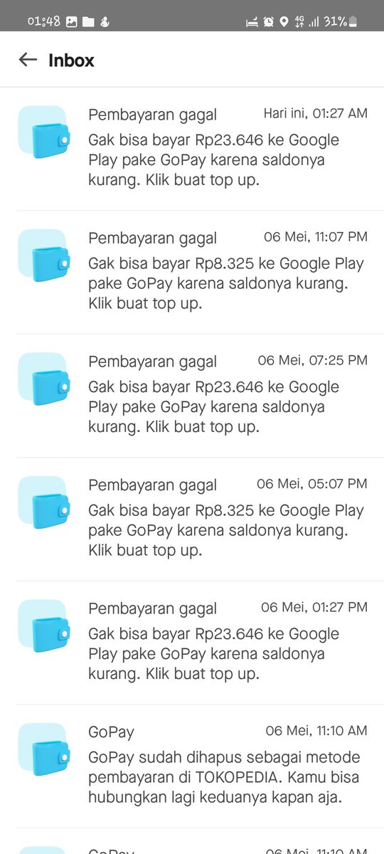 zalenaaa_'s tweet photo. @dumbiox @gopayindonesia Ka, di aku jg ad kejadian ini baru bulan ini tb tb tiap hari selalu ada notif gopay pembayaran gagal ke google play (soalny gada saldo) dan bukan dari akun ku/keluarga dkk, aneh banget anjir, pas lapor gopay disuru lapor ke google kan jg gabisa ya soalny bukan dari akun sendiri https://t.co/jreMxXIjbB
