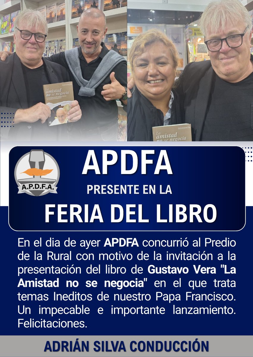 En el dia de ayer APDFA concurrió al Predio de la Rural con motivo de la invitación a la presentación del libro de Gustavo Vera "La Amistad no se negocia" en el que trata temas Ineditos de nuestro Papa Francisco. Un impecable e importante lanzamiento. Felicitaciones.