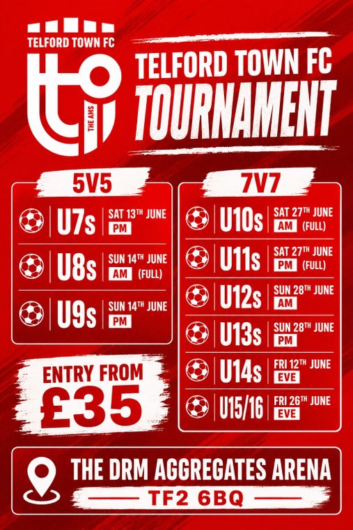 TelfordTownFC's tweet photo. LATE ENTRIES NOW OPEN – THE IN OFF THE POST TELFORD TOWN FOOTBALL FESTIVAL
https://t.co/rOgNLNCFMD https://t.co/JyPHwOpoH1