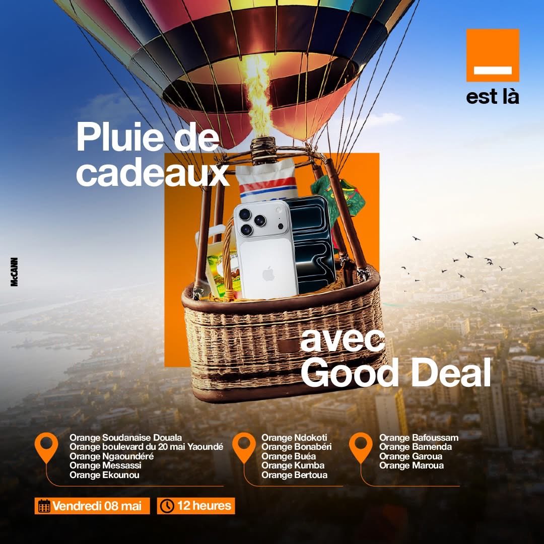 Orange_Cameroun's tweet photo. Place à la 4e vague des remises avec Good Deal 🧡🎁 

La tournée continue : 
📲Des smartphones
🍚Des sacs de riz
🔥Des bidons d’huile 
👕Des maillots à gagner 
et des surprises pour les premiers arrivés. 

📍 Rendez-vous dans vos agences 
📅 Vendredi 8 mai
🕑 12h 

#OrangeEstLà https://t.co/oDcv4lQcvd