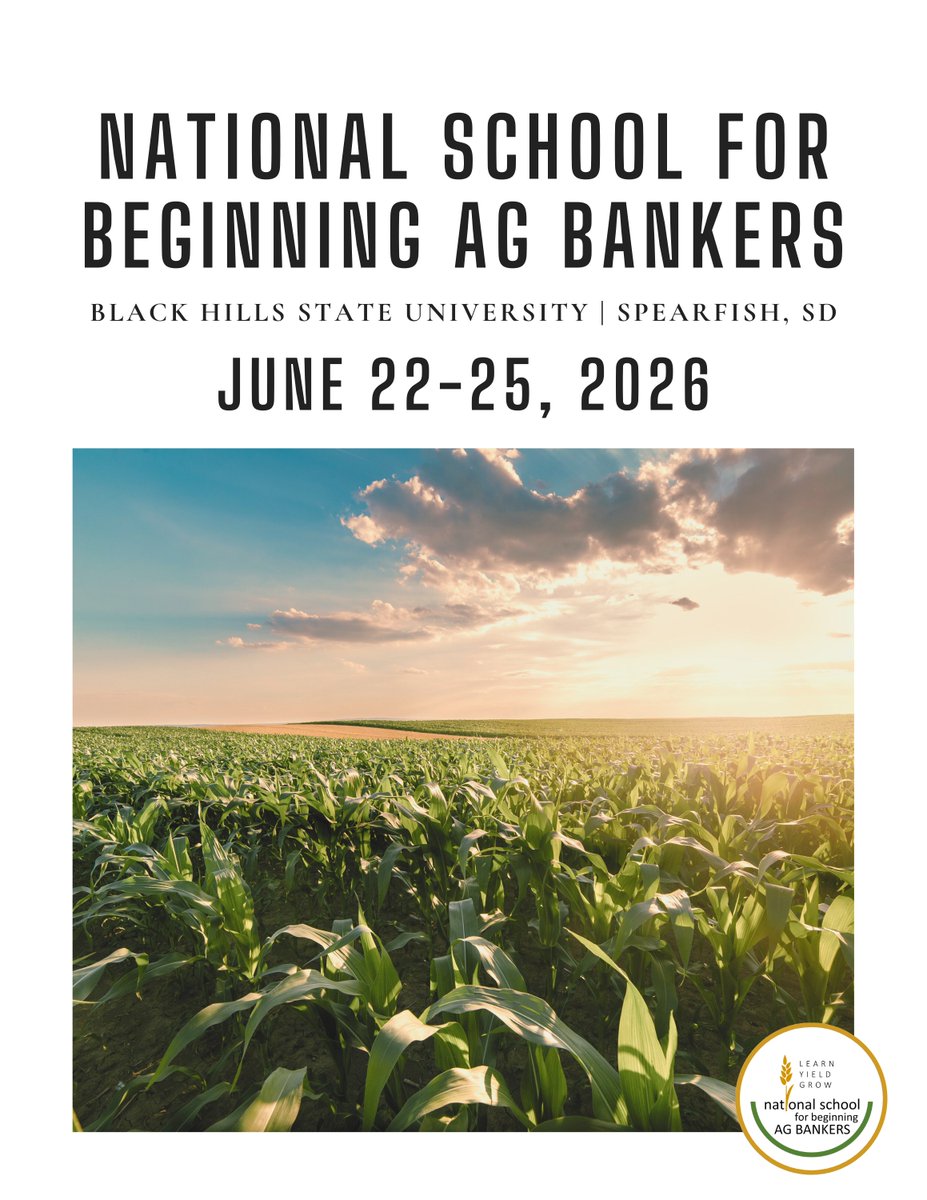 SDBankers's tweet photo. 𝟮𝟬𝟮𝟲 𝗡𝗮𝘁𝗶𝗼𝗻𝗮𝗹 𝗦𝗰𝗵𝗼𝗼𝗹 𝗳𝗼𝗿 𝗕𝗲𝗴𝗶𝗻𝗻𝗶𝗻𝗴 𝗔𝗴 𝗕𝗮𝗻𝗸𝗲𝗿𝘀
Ready to take your agricultural lending skills to the next level? Join us June 22-25, 2026, on the scenic campus of Black Hills State University in Spearfish, SD for an immersive, hands-on school designed specifically for beginning ag bankers.

➡️https://t.co/iLFhbMKzMe

‼️𝙏𝙝𝙞𝙨 𝙮𝙚𝙖𝙧'𝙨 𝙨𝙘𝙝𝙤𝙤𝙡 𝙞𝙨 𝙛𝙪𝙡𝙡, 𝙗𝙪𝙩 𝙘𝙤𝙣𝙨𝙞𝙙𝙚𝙧 𝙖𝙙𝙙𝙞𝙣𝙜 𝙮𝙤𝙪𝙧𝙨𝙚𝙡𝙛 𝙩𝙤 𝙩𝙝𝙚 𝙬𝙖𝙞𝙩𝙡𝙞𝙨𝙩!