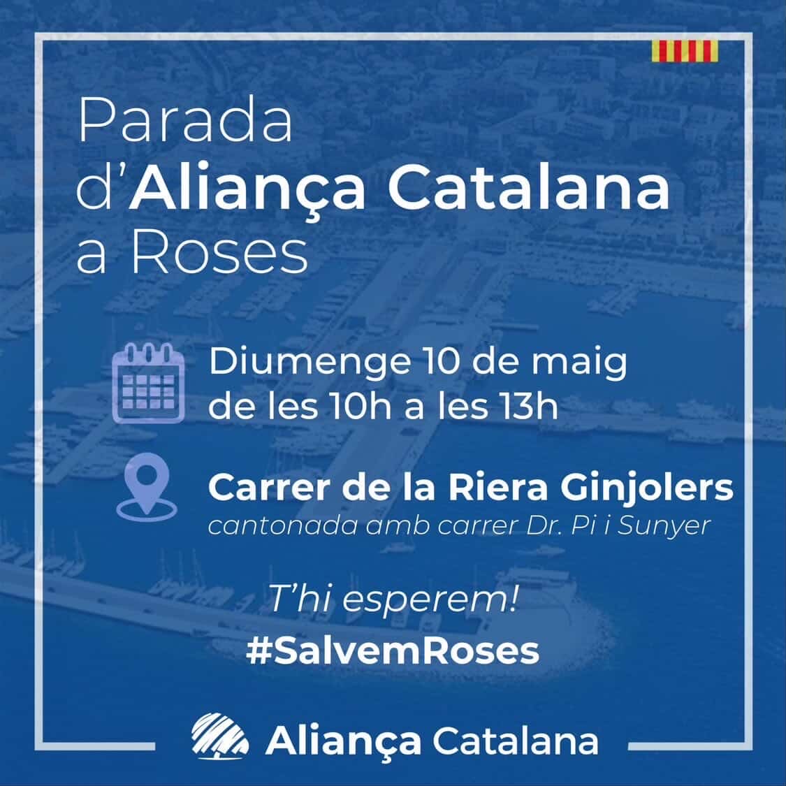 AltEmpordaAC's tweet photo. 📍 Diumenge, 10 de maig, Aliança Catalana Alt Empordà serà a Roses.

🕙 De 10 h a 13 h podreu visitar la nostra carpa informativa.

📌 Ens trobareu a la cantonada del carrer Dr. Pi i Sunyer amb la Riera Ginjolers.

Vine a conèixer el nostre projecte, explicar-nos les vostres inquietuds o afiliar-vos al partit.

Us hi esperem!

#SalvemRoses #SalvemlAltEmpordà #SalvemCatalunya