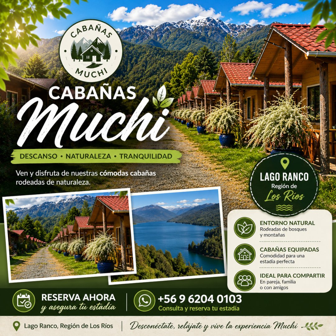 ChilenoCL's tweet photo. En Cabañas Much tienes 10 cabañas equipadas para 4–6 personas, con living, comedor, cocina, baño, terraza y estacionamiento, a aprox. 1,2 km de Playa Ranquil 🏔️
📍 Sector Epulafquén, Lago Ranco
🔗 https://t.co/YbI1HjmO5p
#CabañasMuchi #LagoRanco #Riñinahue #ChilenoCL https://t.co/dMYlOxqaDy