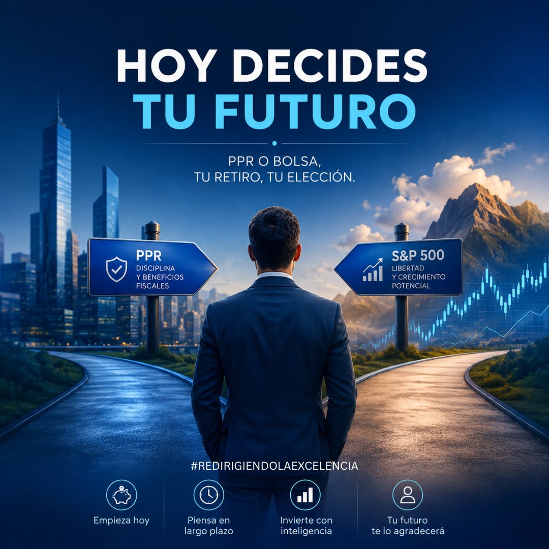 MarcoVazal's tweet photo. La mayoría de las personas planea su retiro con la misma estrategia con la que arma una dieta: “empiezo el lunes” 🫠💸
¿PPR o S&amp;P 500?
 📑PPR = beneficios fiscales + disciplina
 📈Bolsa = libertad + más riesgo
La mejor inversión sigue siendo empezar YA ⏳ https://t.co/8NtoaJENqL https://t.co/V8f7tw5vKL