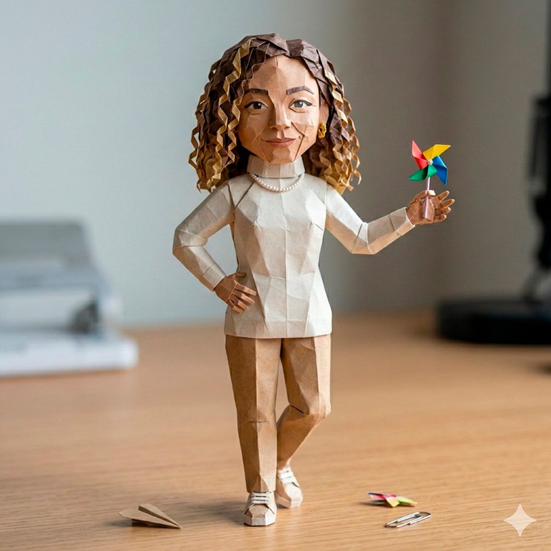 googleespanol's tweet photo. ¿100% de papel? 📄 Pruébalo en Gemini subiendo tu foto con este prompt:

"Usa la imagen adjunta para crear una figura de papiroflexia basada en mi foto. Estilo cute, enteramente de papel mate, pliegues y arrugas naturales. Que esté [ACCIÓN] en un escritorio."

¡Sorpréndete!
