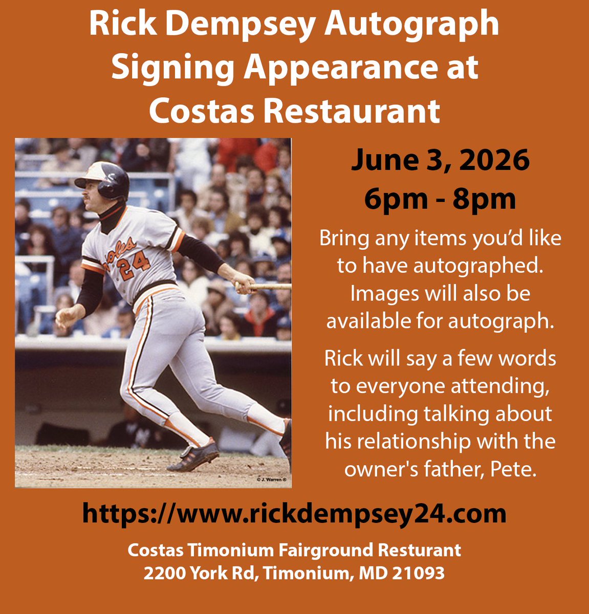 CostasInn's tweet photo. Visit our Costas Inn Timonium location on June 3rd from 6-8pm for an appearance and autograph signing from baseball legend Rick Dempsey! ⚾🦀 https://t.co/OiuJCw6e3J