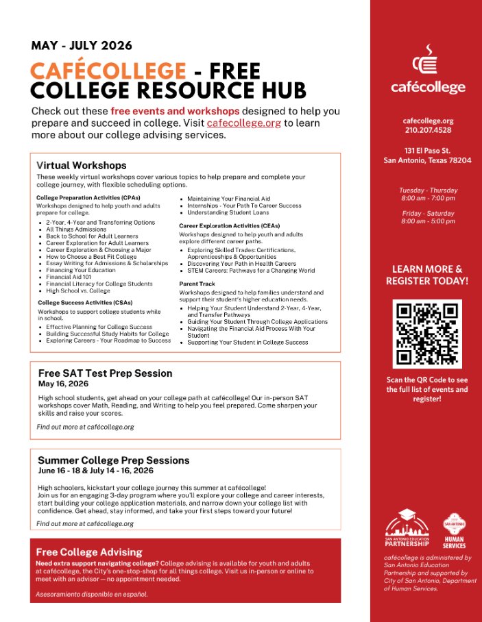 Warrior_CCMRC's tweet photo. @NISDWarren &amp; @NISDCCA 

@cafecollege is hosting several events May - July that can help the Class of 2027 get ready for next year. Don't miss your chance to learn and prepare. https://t.co/4w90iVnC1w