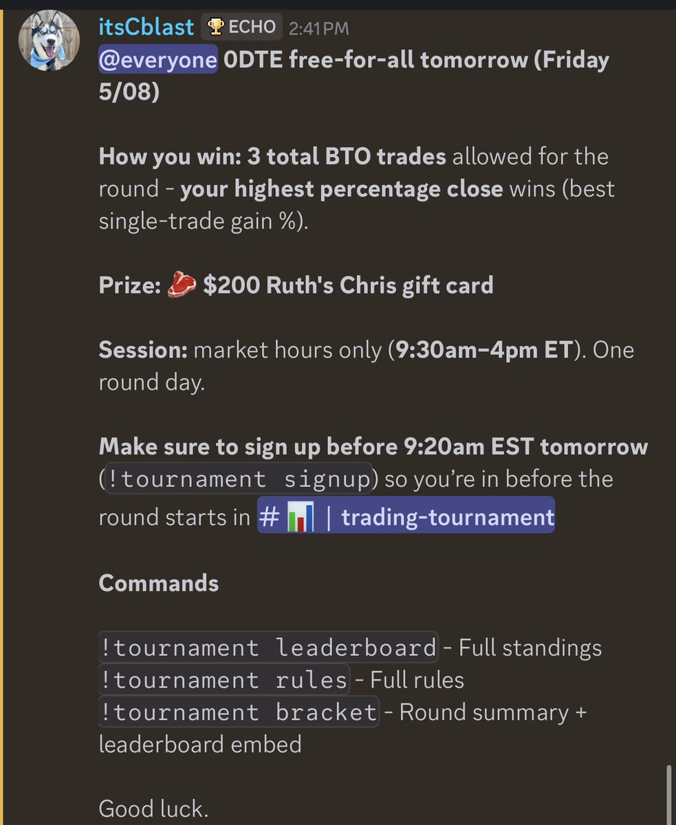 itsCblast's tweet photo. Free Friday is back 🎉

Trade Echo is OPEN to everyone tomorrow.

• Live SPX/NDX alerts
• Dealer Edge + GEX Heatmaps
• Cortex AI entries
• Dark Pool + Flow
• Copy Trading

We’re also running an 0DTE trading tournament tomorrow with a $200 Ruth’s Chris gift card on the line 🥩

Join here → https://t.co/J9ICbVYaEr 🤝