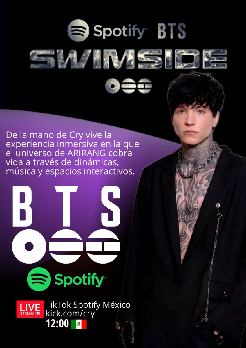 Kattiana2023's tweet photo. ¿Estás lejos y no quieres perderte la experiencia del SWIMSIDE de BTS? No te preocupes
@xCryboy transmitirá el recorrido para que disfrutes a distancia, la cita es a las 12:00 horas 🇲🇽  en el tiktok de Spotify y en KICK a través del canal de Cry  #CryEnSpotifySwimside #BTSMéxico https://t.co/7lQVul8Mjx
