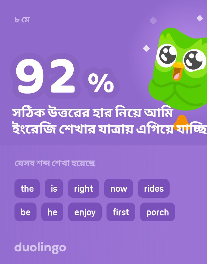 Alemaaroha7592's tweet photo. আমি ডুয়োলিংগোতে ইংরেজি শিখছি! বিনা মূল্যে ভাষা শেখার এ এক মজার এবং কার্যকর উপায়। https://t.co/BoGxW6OV5s