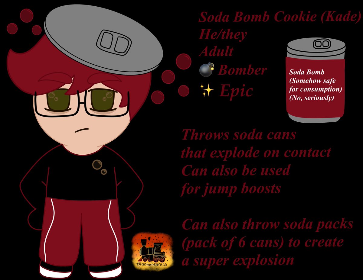 anthemexpress's tweet photo. @Mannken_puppet Whoaaa this is so cool :O
I wanna put my cookie sona in if that’s okay?
This is Soda Bomb Cookie!
I’m interested in burning castle spicy destroyer (I love burning spice cookie😭)
I have still yet to come up with a better costume for him, that’s just his normal outfit https://t.co/aTIPBqVImr