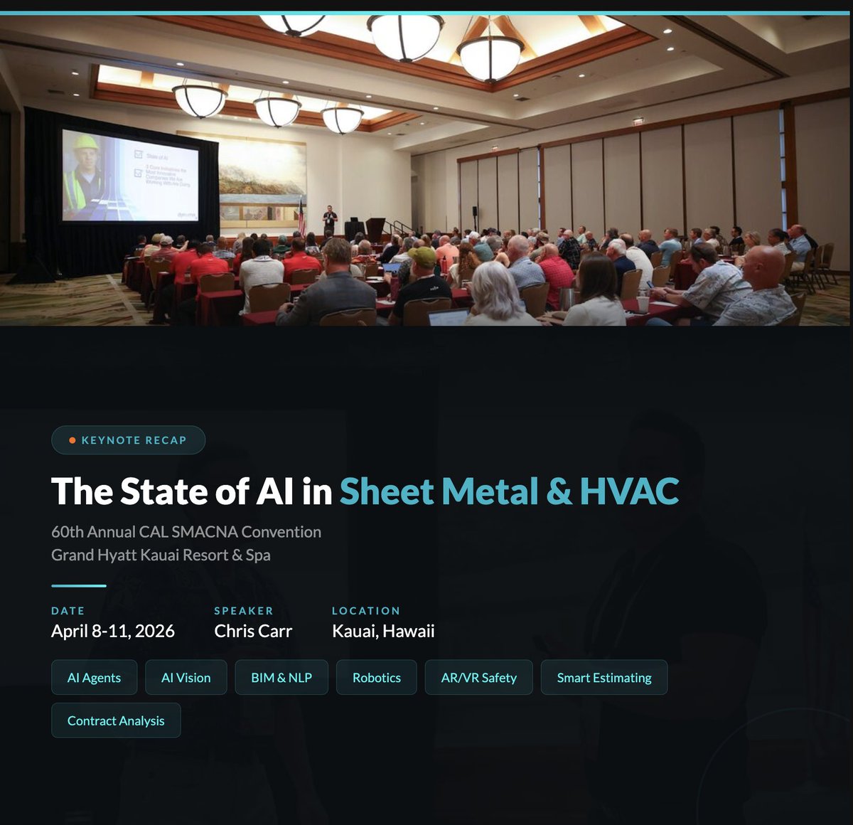 dynaimix's tweet photo. Chris Carr delivered a keynote on the State of AI at the 60th Annual CAL SMACNA Convention in Kauai. AI is already reshaping estimating, project management, and operations for mechanical contractors. The competitive window is closing.

#AI #CALSMACNA #HVAC #Dynaimix https://t.co/4C0vxy9EIH