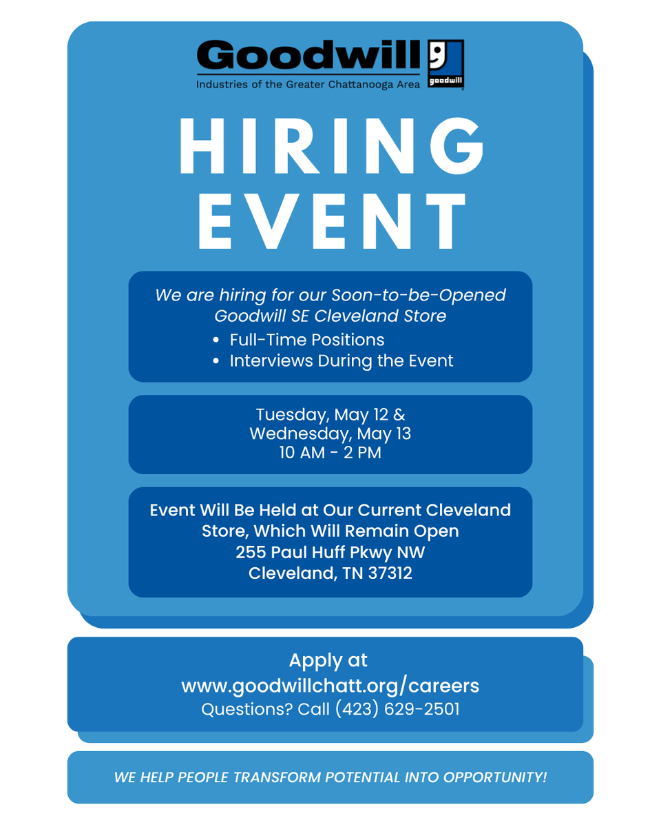 GoodwillChatt's tweet photo. We are growing! We’re hosting a two-day hiring event to find dedicated team members for our soon-to-be-opened Southeast Cleveland store. If you are looking for a new opportunity with a mission-driven organization, we want to meet you! Be a part of the good! #GoodwillChatt https://t.co/5JnXHdvZ7j