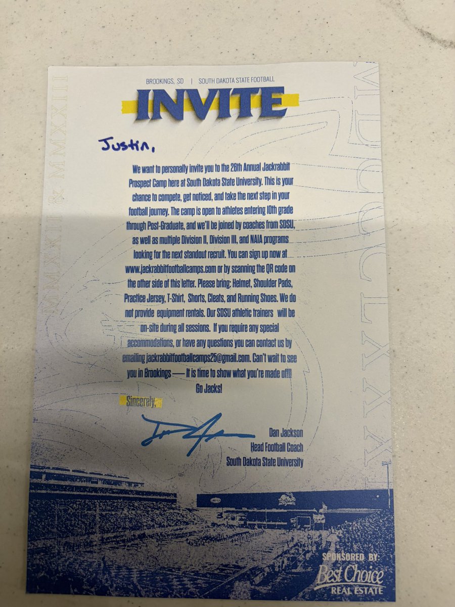JustinDoug57's tweet photo. Thank you @CoachDtjackson for the personal invite to your camp! @GoJacksFB @Coach_Benedetto @CSAPrepStar @PrepRedzoneIL @DeepDishFB @6starfootballIL @247recruiting https://t.co/Zghr8LhJys