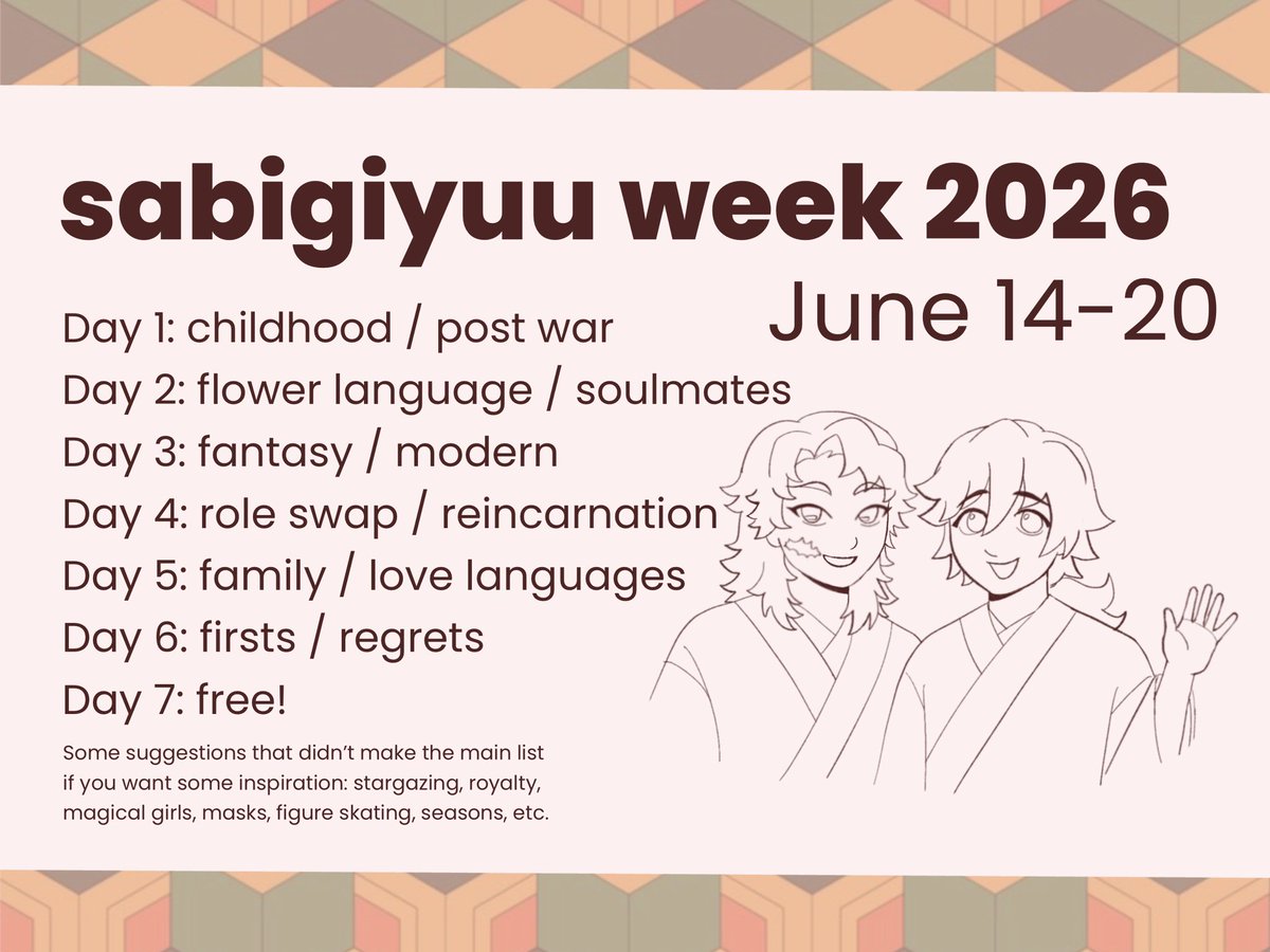 sabigiyuuweek26's tweet photo. hello! here are the prompts for #sbgyweek2026!
the event will take place from june 14th to june 20th!
please tag this account when you post so we can retweet your works! @sabigiyuuweek26 🐰🌊 https://t.co/gn3TapvPLe