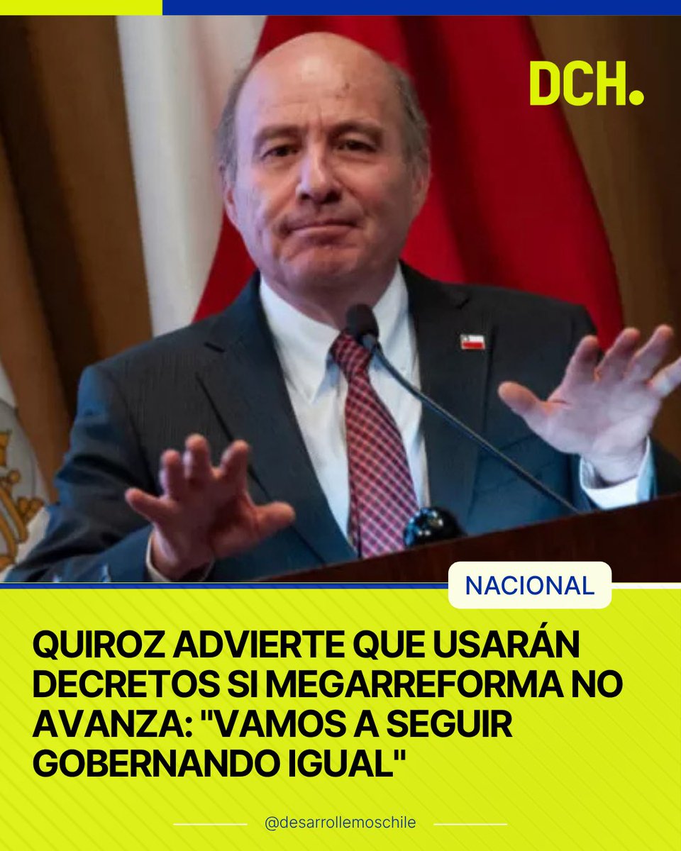 desachile's tweet photo. El ministro de Hacienda, Jorge Quiroz, aseguró que el gobierno seguirá impulsando su agenda económica aunque la Ley de Reconstrucción Nacional no sea aprobada.

“Vamos a seguir gobernando igual”, afirmó, señalando que el Ejecutivo también puede avanzar mediante decretos. https://t.co/ffySFK3AbB