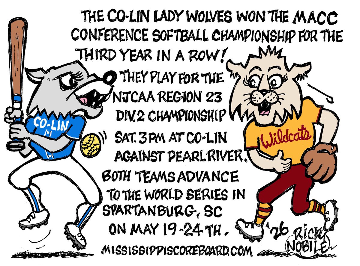 msscoreboard's tweet photo. This week’s Scoreboard Toon by Ricky Nobile! ✍️

Wolves vs Wildcats in the NJCAA Championship, then both teams on the road to the World Series! 🐺🥎🐱
@colinathletics @PearlRiverSB @CoLinSoftball @PRCCAthletics #collegesoftball #NJCAASoftball #Softballnews #softballseason https://t.co/69TwcpSC8c