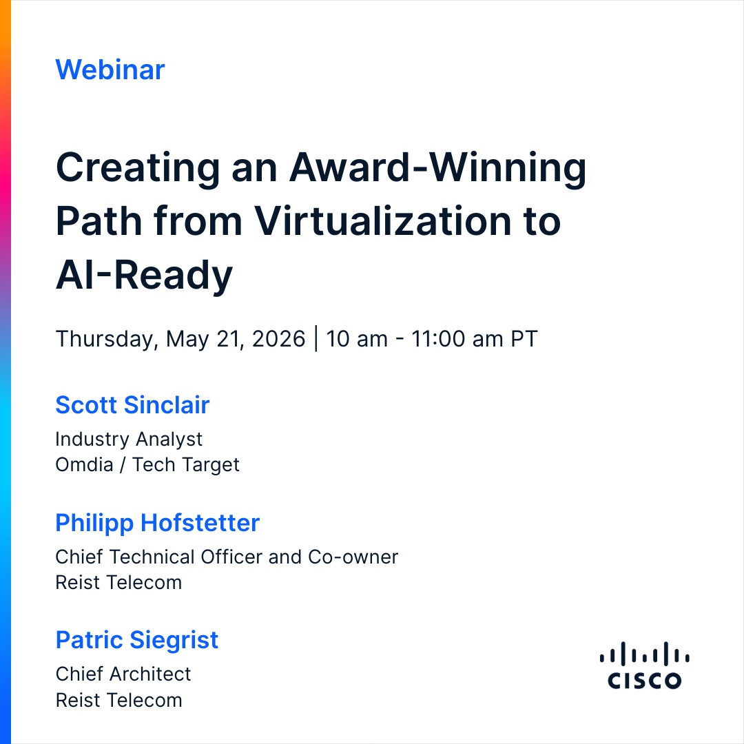 ciscoDC's tweet photo. Reist Telecom won the 2026 Cisco AI Infrastructure Innovator Award 👏 Now they're sharing how they did it. Join us May 21 to hear their modernization blueprint live. 

Register now: https://t.co/tsrQlfynFM

#CiscoAI #DataCenter https://t.co/GUB0MVXrCs