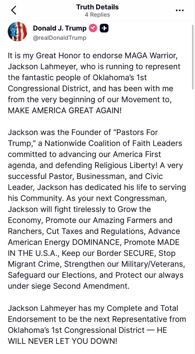 .<a href="/realDonaldTrump/">Donald J. Trump</a> gives his COMPLETE AND TOTAL ENDORSEMENT FOR <a href="/JacksonLahmeyer/">Jackson Lahmeyer</a>! #OK01