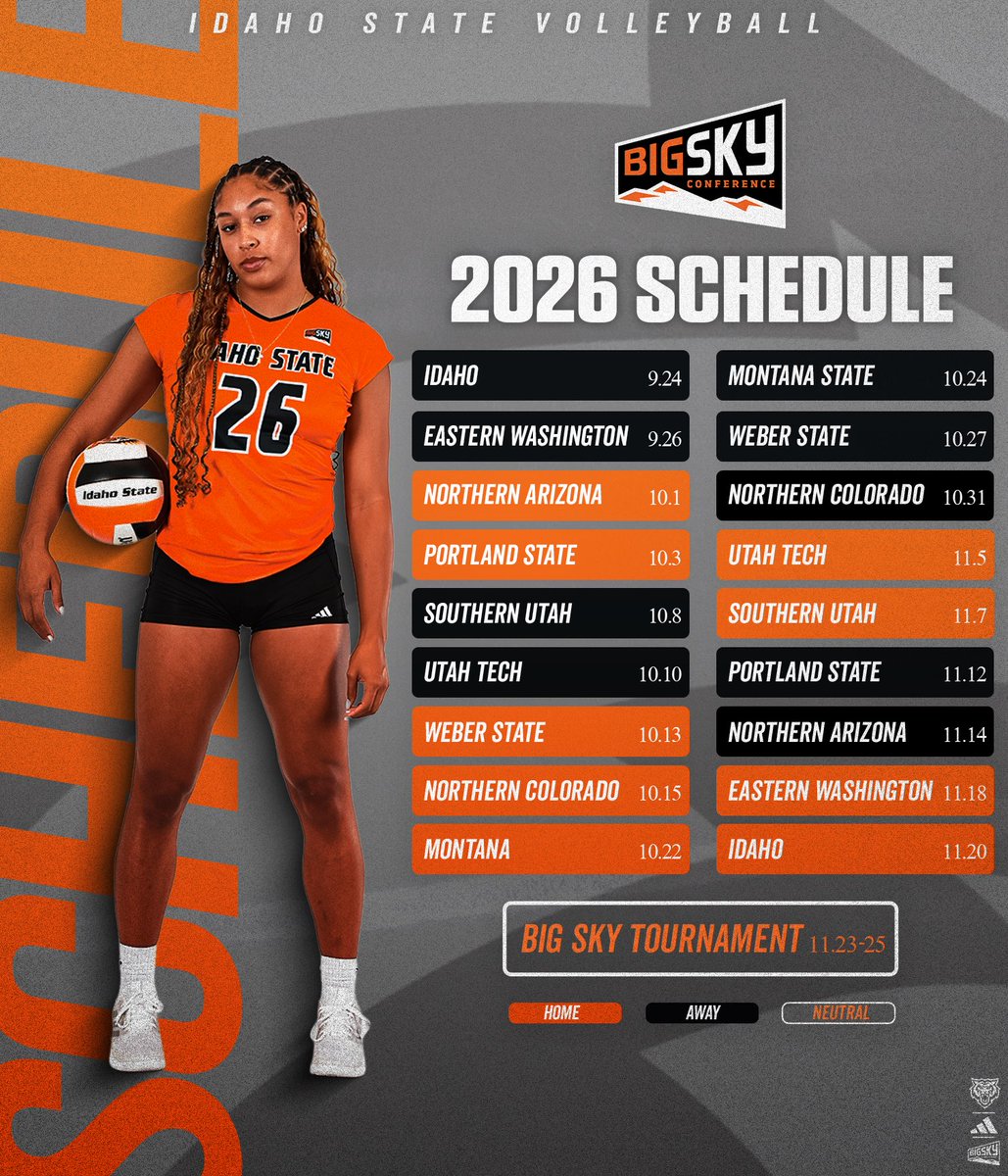 IdahoStateVB's tweet photo. 𝐒𝐞𝐭 𝐲𝐨𝐮𝐫 𝐜𝐚𝐥𝐞𝐧𝐝𝐚𝐫𝐬 𝐟𝐨𝐫 𝐨𝐮𝐫 𝟐𝟎𝟐𝟔 𝐁𝐢𝐠 𝐒𝐤𝐲 𝐬𝐜𝐡𝐞𝐝𝐮𝐥𝐞 🗓️

#RoarBengalsRoar https://t.co/Jf77BueMeb