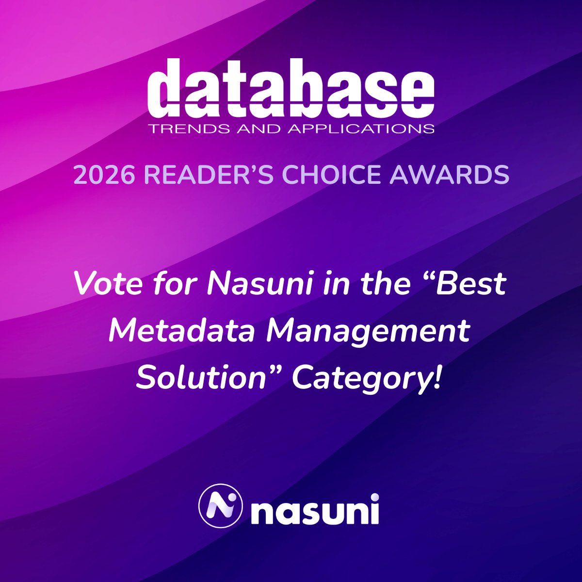 Nasuni's tweet photo. Nasuni has been shortlisted as a finalist for the Database Trends &amp; Applications 2026 Readers’ Choice Awards in the “Best Metadata Management Solution” category! 🎉 

Vote for our File IQ Premium product here 👉 https://t.co/KENTpLcuM1

#DBTAReadersChoice #IndustryAwards https://t.co/63vsWr1yLw
