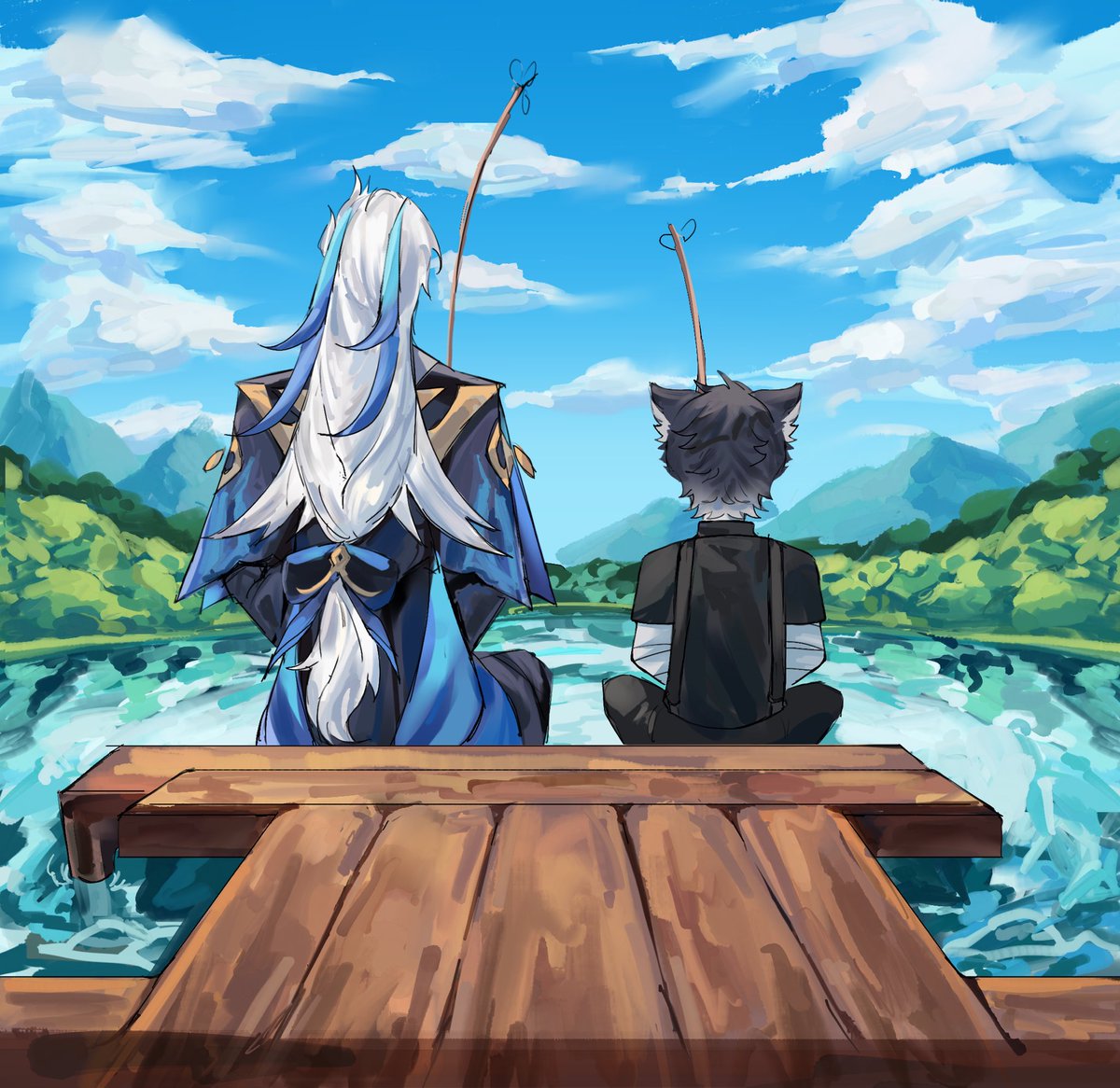 Zinbytes's tweet photo. fishing!! +teen wrio🎣 #wriothesley #neuvillette #fanart https://t.co/ulAR9ZyHWQ