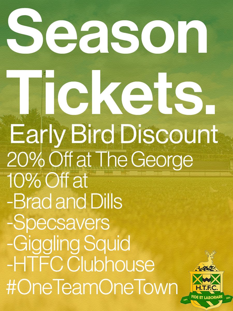 EARLY BIRD SEASON TICKET OFFER

Make the most of the HTFC early bird season ticket discount before it expires!

Your HTFC season ticket includes free entry into all Men’s, Women’s, Development &amp; U18s League matches.

Click the link to buy⬇️

harpendentownfc.littleboxoffice.com/browse?languag…