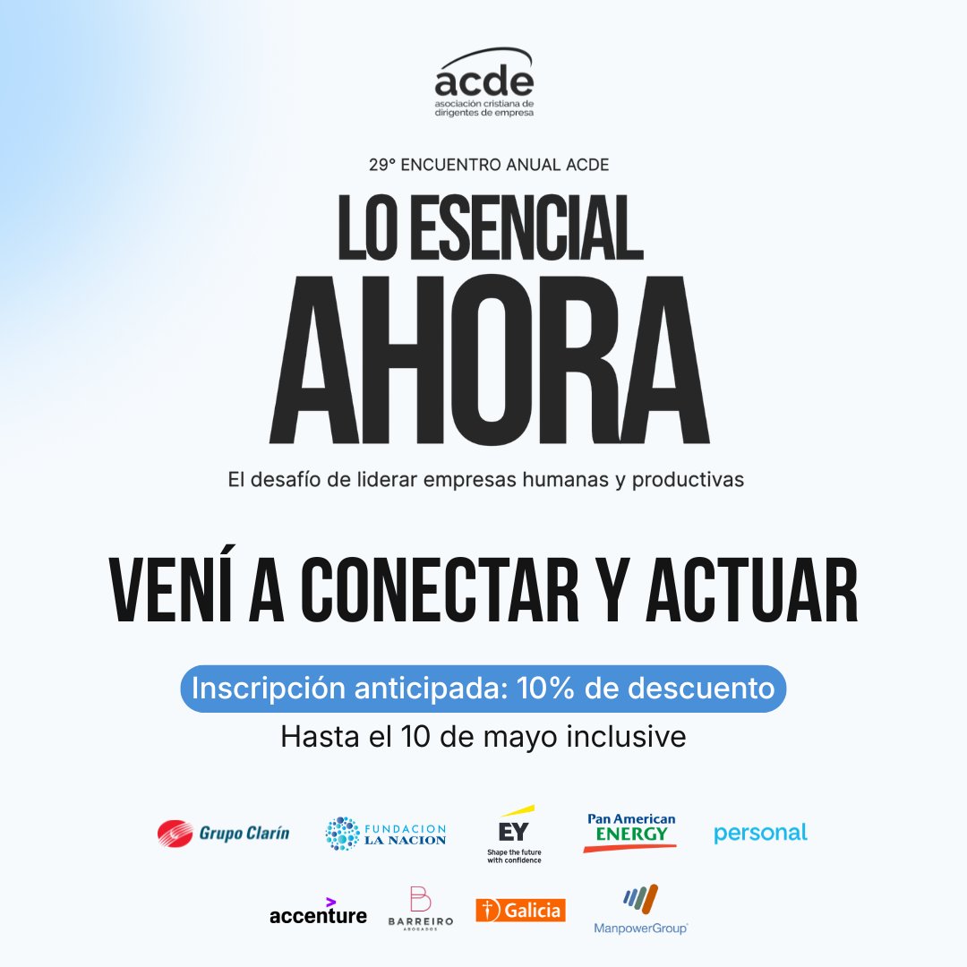 Vení a conectar y reflexionar junto a empresarios, emprendedores, profesionales y referentes, con una visión de nuestro país y del mundo.

Conocé más 👉 encuentroanualacde.com.ar

Inscribite hasta el 10 de mayo y obtené un 10% de descuento. ¡No dejes pasar esta oportunidad!