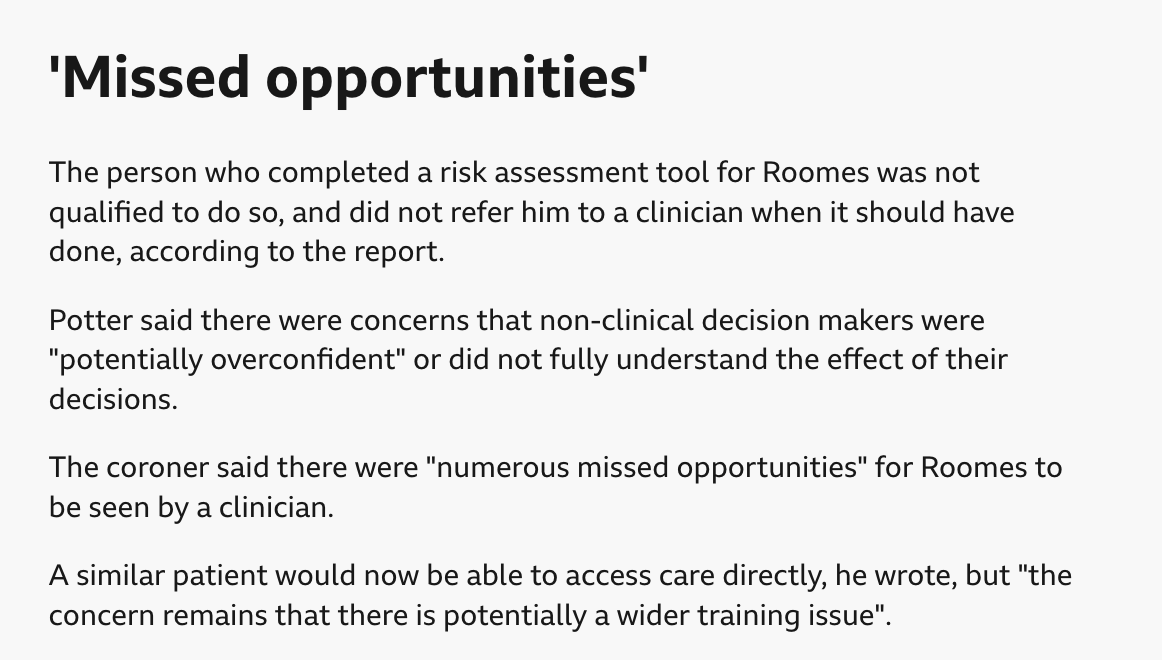 alexander_minh's tweet photo. 1) Bipolar patient died after unsuitable triage by worker who was not qualified

Kent and Medway

Coroner concerned about "potentially overconfident" non clinicians making decisions

https://t.co/5otJd8c64x https://t.co/r3CHm0nANn