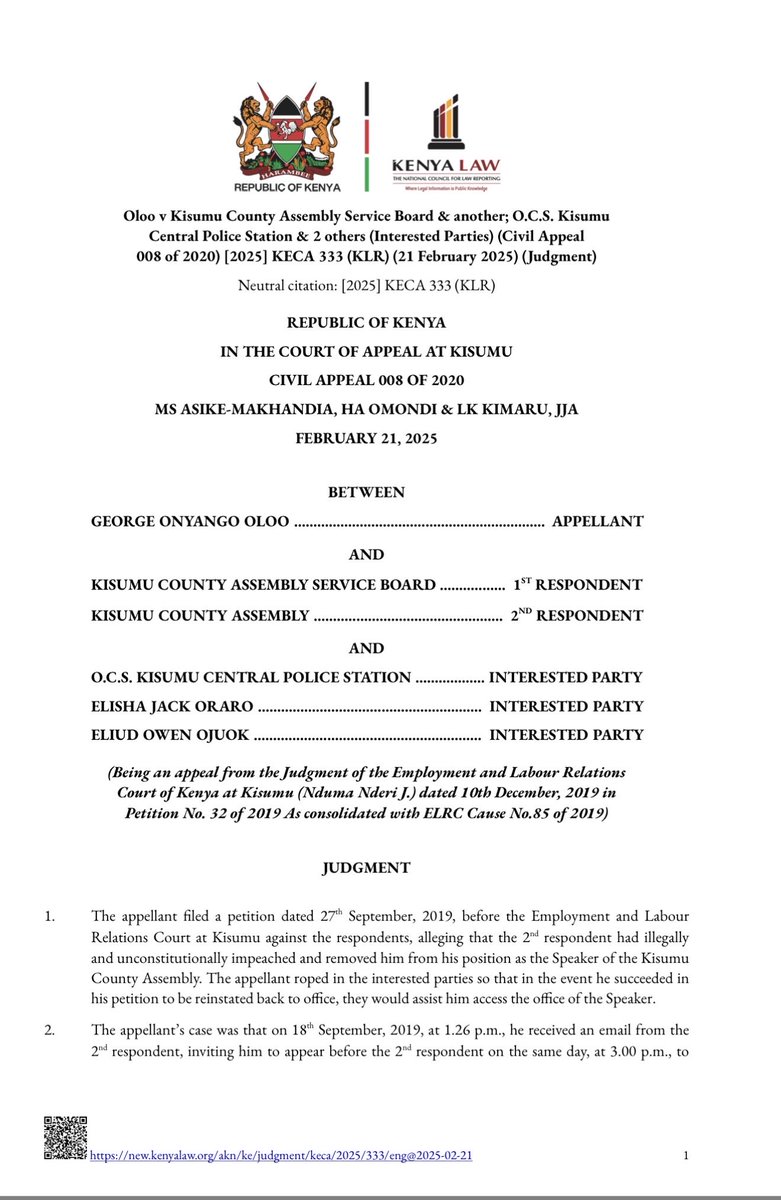 NelsonHavi's tweet photo. With the clarity of law on impeachment set out by the Court of Appeal in Oloo v Kisumu County Assembly Service Board &amp; another, the declaration as unconstitutional and nullification of the impeachment of H E Rigathi Gachagua is an outcome that should not surprise anyone. https://t.co/nrbLZAMRU0