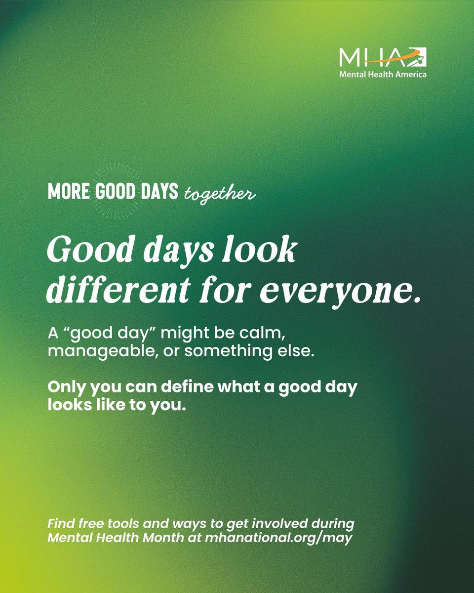 MissouriPIP's tweet photo. 💚 Only YOU can define what a "good day" look like to you.
What do you think of when you think of a "good day"?

@mentalhealtham
#MoreGoodDaysTogether #MHM2026 #MentalHealthMonth https://t.co/DQxl0r71jZ