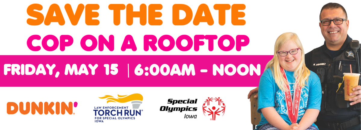 LinnIASheriff's tweet photo. Save the date! Dunkin' Cop on a Rooftop is Friday, May 15 from 6 a.m. to noon. Linn County deputies will be collecting donations for @soiowa at the 1640 Edgewood Rd SW, Cedar Rapids location. We'd love to see you there! 🍩☕️ https://t.co/HOSWlQ1JC5