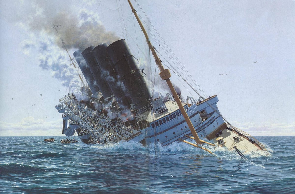 RMSLusitaniaOff's tweet photo. 111 years ago at 2:28 PM RMS Lusitania vanished in just 18 minutes. 1,198 lives were lost as the "Greyhound of the Seas" plunged bow-first into the Atlantic off Ireland. A horrifying turning point in WWI history. 
🎨 Ken Marschall

#Lusitania111 #RMSLusitania #OTD #WW1 #Shipwreck https://t.co/YCGOEVyyni